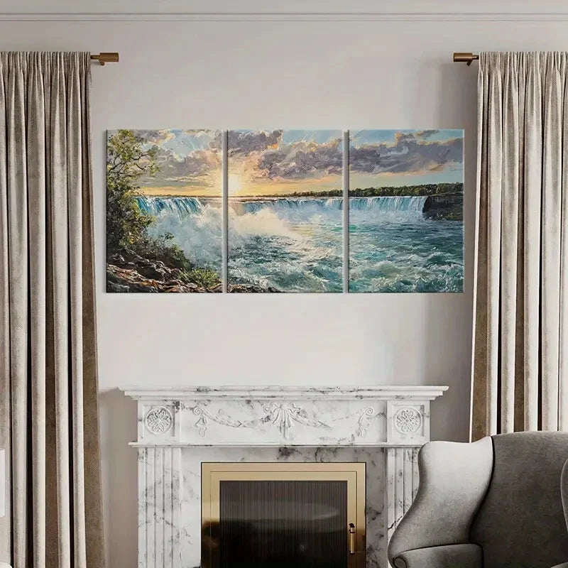 3pcs Sunset Waterfall Clouds Natural Landscape Metal Print Ready to Hang Art