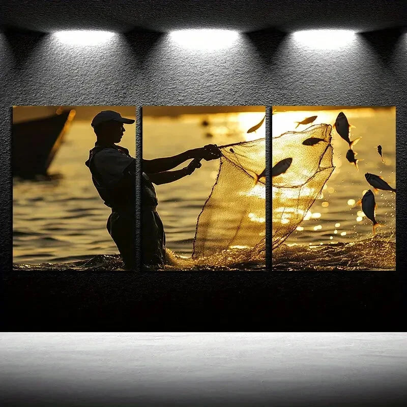 3pcs Fishermen Silhouette Sea Sunset Scenery Metal Print Ready to Hang Art