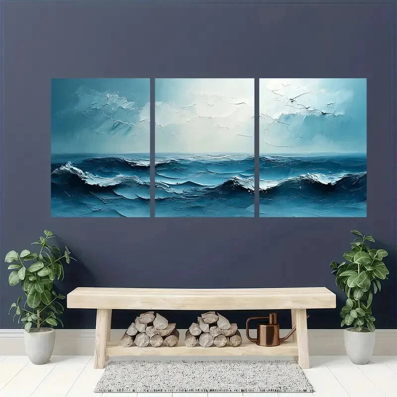 3pcs Abstract Ocean Waves Decorative Painting Metal Print Ready to Hang Art