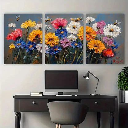 3pcs Poppy Flowers Cornflowers Honeybee Metal Print Ready to Hang Art