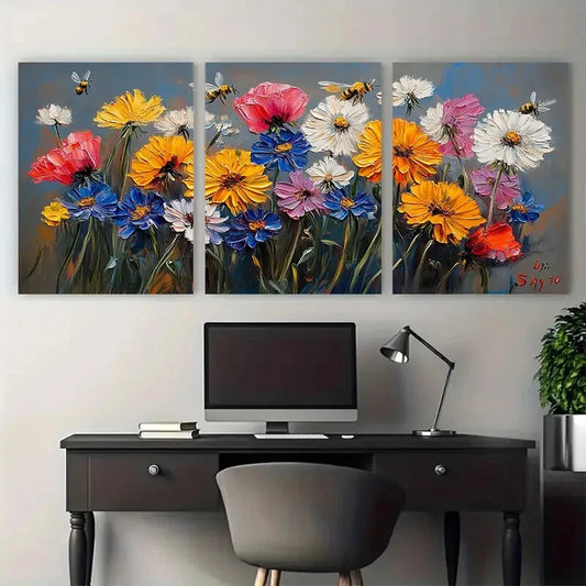 3pcs Poppy Flowers Cornflowers Honeybee Metal Print Ready to Hang Art