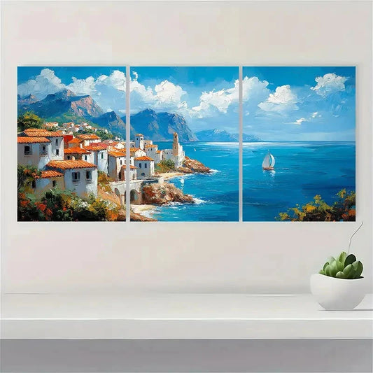 3pcs Abstract Coastal Landscape Oil Painting Metal Print Ready to Hang Art