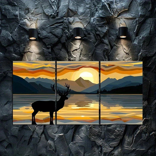 3pcs Sunset Deer and Lake Illustration Metal Print Ready to Hang Art