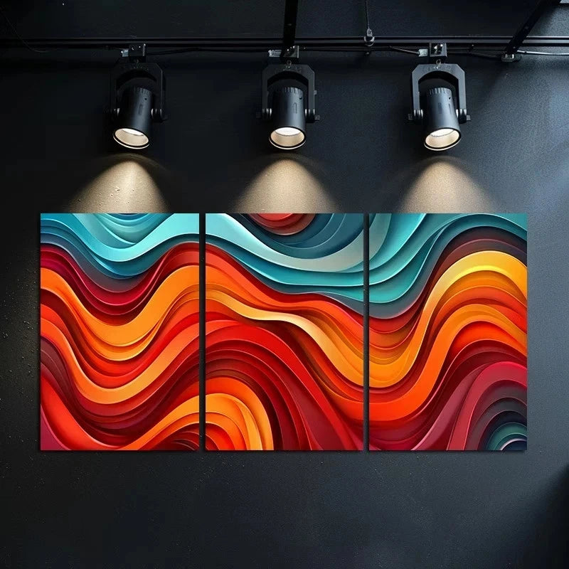 3pcs Vibrant Red, Blue & Orange Abstract Wave Metal Print Ready to Hang Art