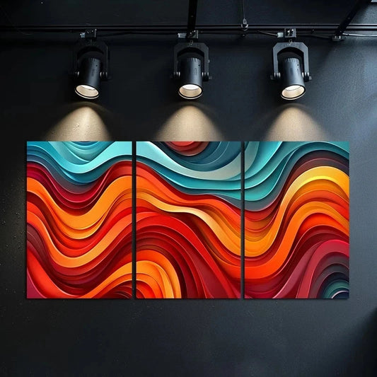 3pcs Vibrant Red, Blue & Orange Abstract Wave Metal Print Ready to Hang Art