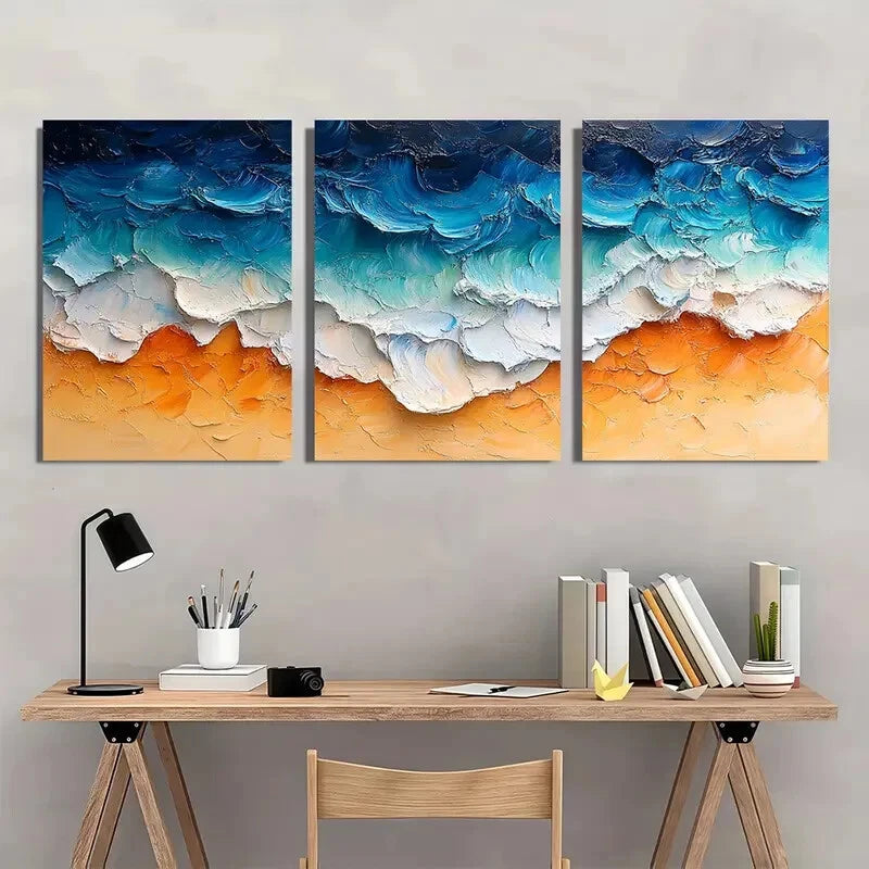 3pcs Vibrant Ocean Waves & Sandy Shore Scene Metal Print Ready to Hang Art