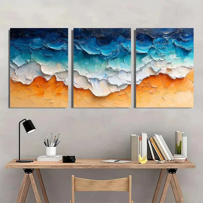 3pcs Vibrant Ocean Waves & Sandy Shore Scene Metal Print Ready to Hang Art