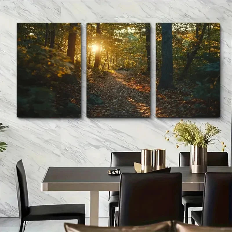 3pcs Golden Light Filtering Through Autumn Forest Metal Print Ready to Hang Art