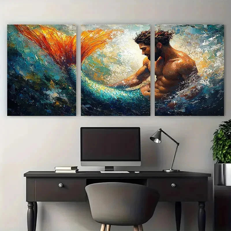 3pcs Mermaid Male Body Fairy Tale Impasto Design Metal Print Ready to Hang Art