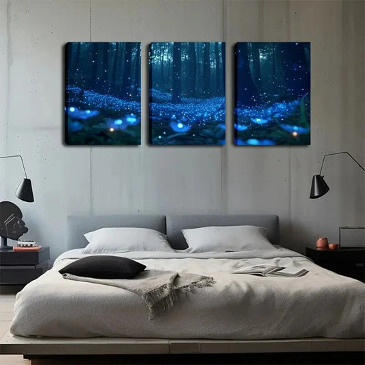 3pcs A Mysterious Blue Forest Night Scene Metal Print Ready to Hang Art