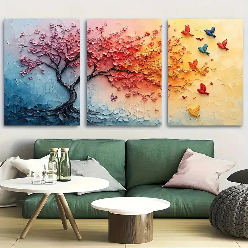 3pcs Abstract Pastel Tree with Birds and Soft Colo Metal Print Ready to Hang Art