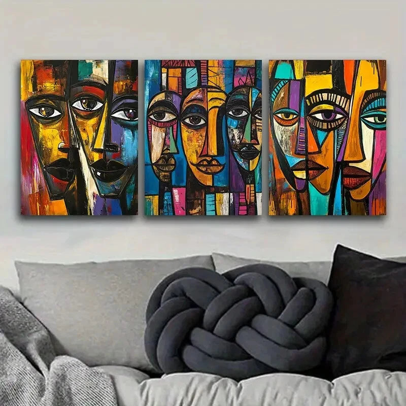 3pcs Featuring Three Abstract African Faces Metal Print Ready to Hang Art
