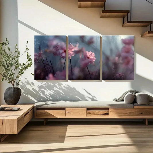 3pcs Floral Design Soft Pink Blossoms Dreamy Metal Print Ready to Hang Art