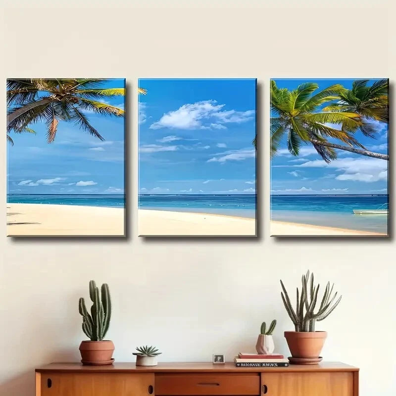 3pcs Beach Coconut Beach Landscape Painting Metal Print Ready to Hang Art