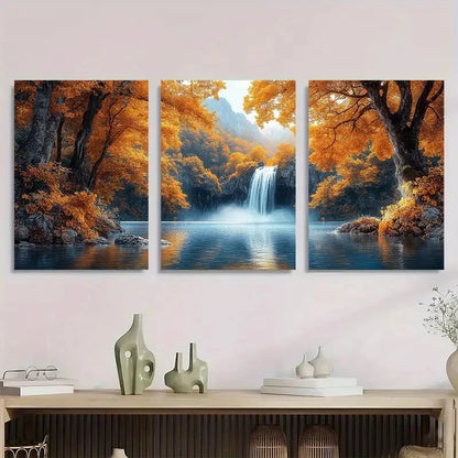 3pcs Waterfall Trees Forest Fall Scenery Metal Print Ready to Hang Art