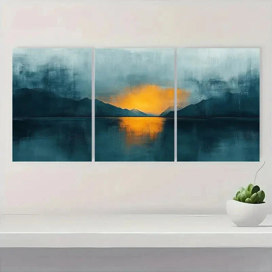3pcs Teal & Tan Pastel Abstract Reflection Design Metal Print Ready to Hang Art