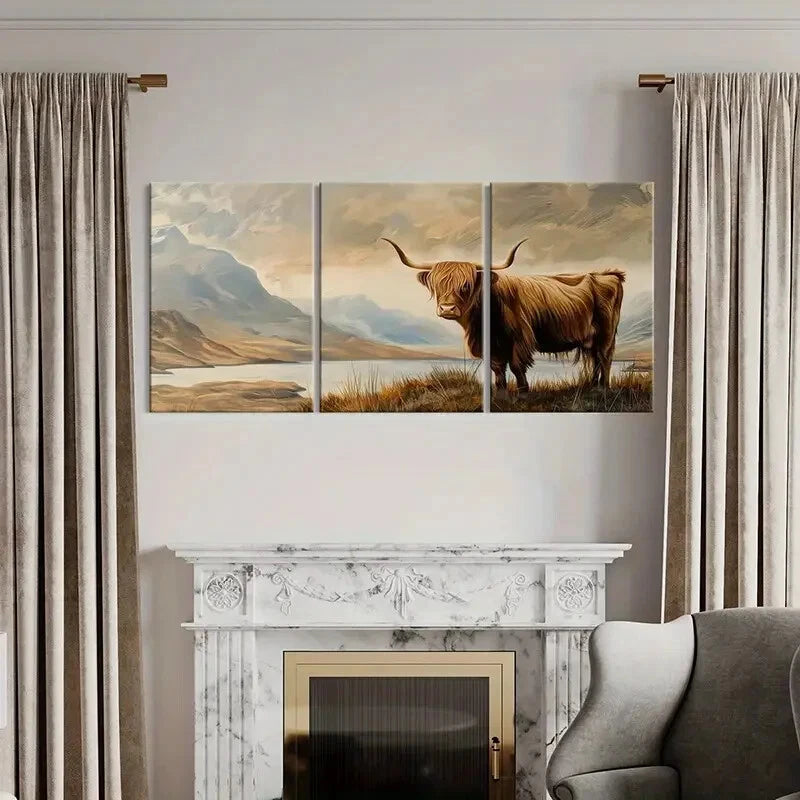 3pcs Highland Cow Landscape Art Nature Scene Metal Print Ready to Hang Art