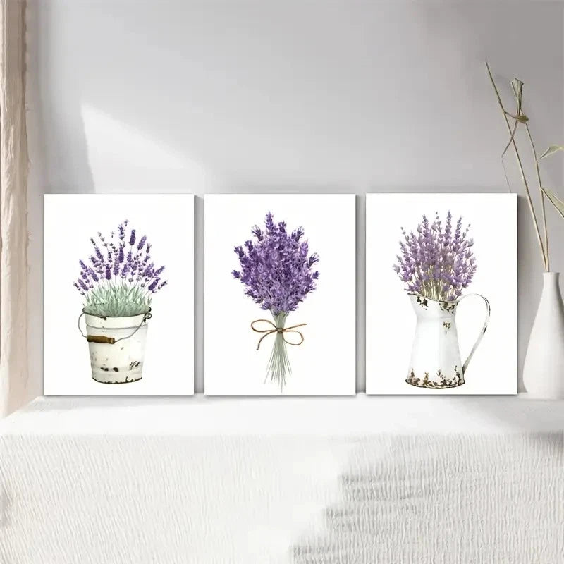 3pcs Watercolor Lavender Lilac Paintings Metal Print Ready to Hang Art
