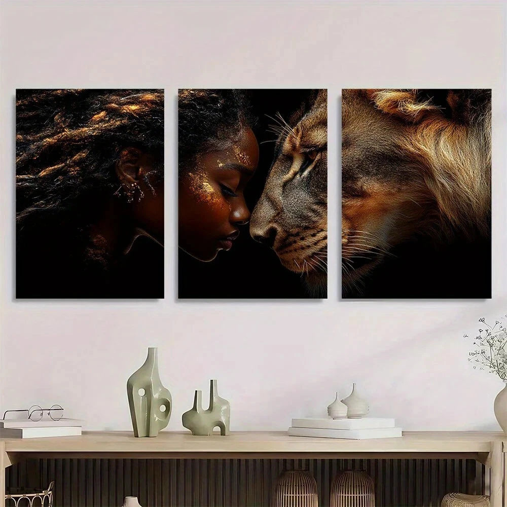 3pcs African Goddess and Lion Vibrant Metal Print Ready to Hang Art