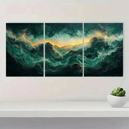 3pcs Emerald Green Abstract Modern Art Metal Print Ready to Hang Art