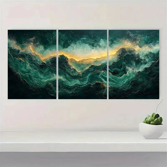 3pcs Emerald Green Abstract Modern Art Metal Print Ready to Hang Art