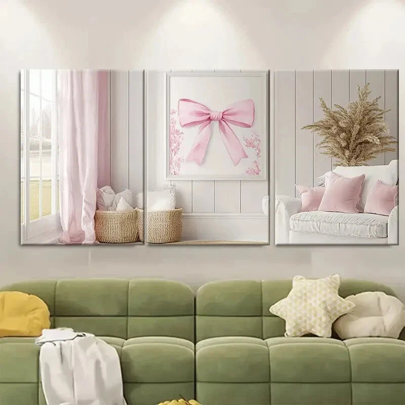 3pcs Featuring a Pink Bow Chinoiserie Design Metal Print Ready to Hang Art