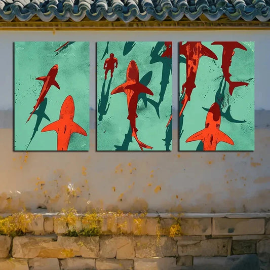 3pcs Modern Sailboat and Shark Ocean Themed Metal Print Ready to Hang Art