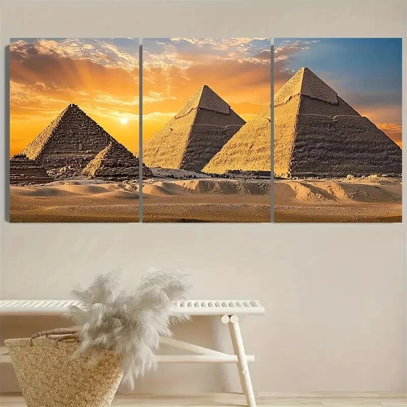 3pcs Vibrant Pyramids of Giza Illustration Metal Print Ready to Hang Art