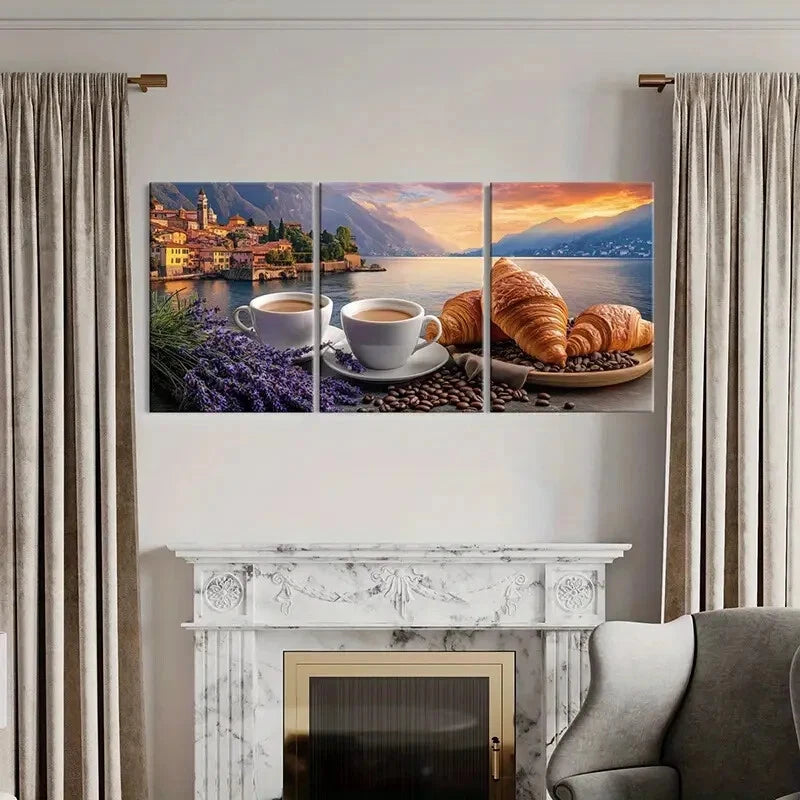 3pcs Morning Serenity Croissant Coffee Metal Print Ready to Hang Art