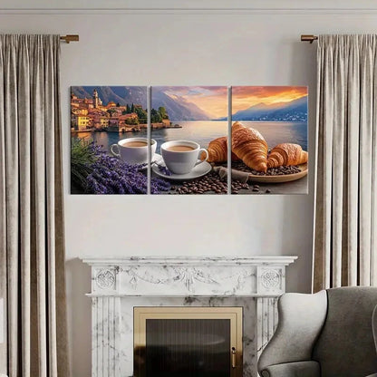 3pcs Morning Serenity Croissant Coffee Metal Print Ready to Hang Art