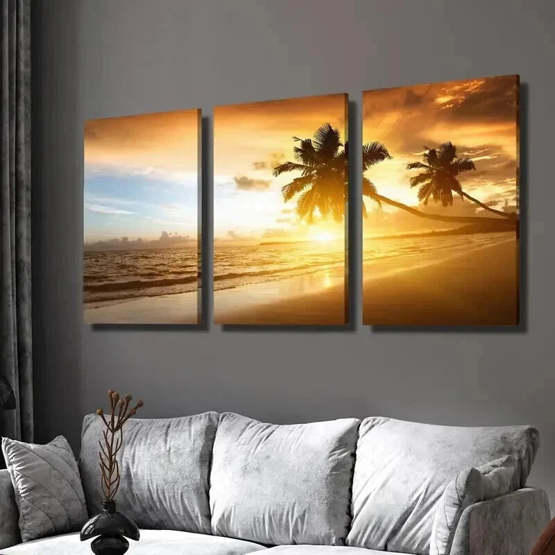 3pcs Sunset Over The Sea & Palm Trees Wall Art Set Canvas Framed 40x60cm - High Quality Print 100% Australian Made Wall Canvas Ready to Hang