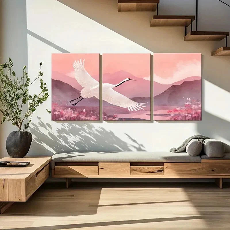 3pcs Elegant White Crane Mountain Landscape Pink Metal Print Ready to Hang Art