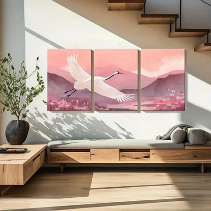 3pcs Elegant White Crane Mountain Landscape Pink Metal Print Ready to Hang Art