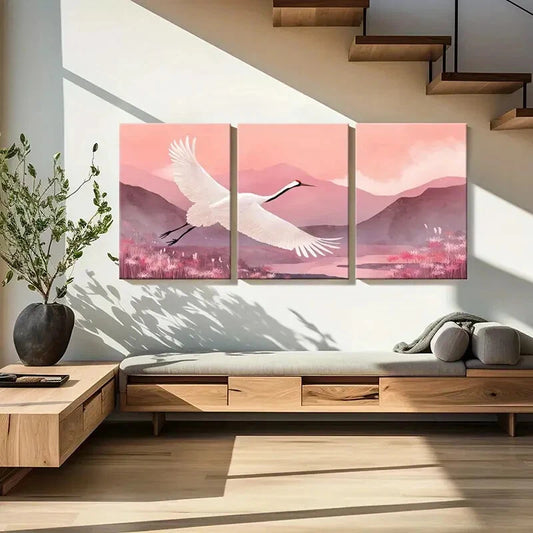 3pcs Elegant White Crane Mountain Landscape Pink Metal Print Ready to Hang Art