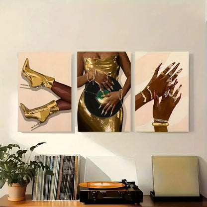 3pcs Golden Boots and Hand Accessories Metal Print Ready to Hang Art