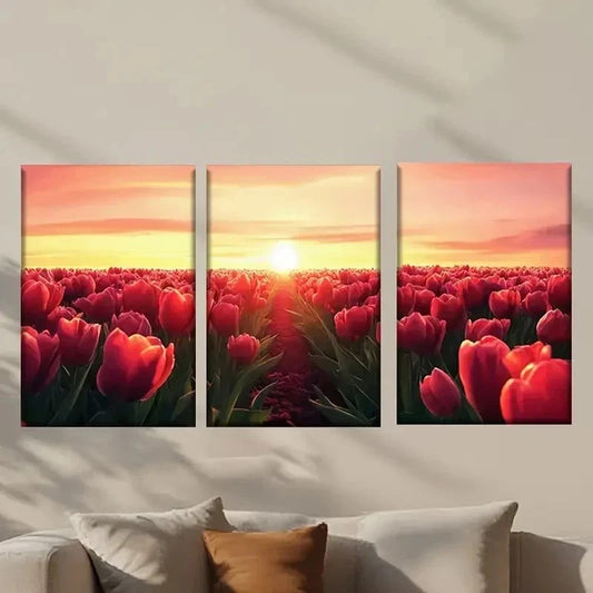 3pcs Sunset Scenery with Red Rose Field Wall Art Set Canvas Framed 40x60cm - High Quality Print 100% Australian Made Wall Canvas Ready to Hang
