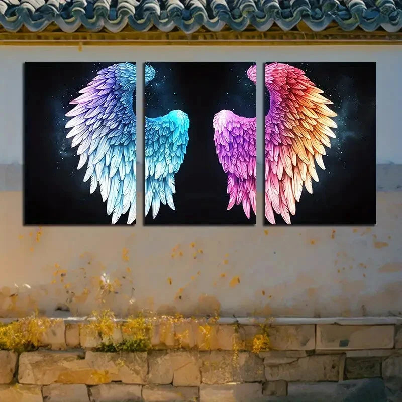 3pcs Vibrant Angel Wings in Black Background Metal Print Ready to Hang Art