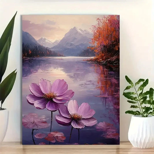 Purple Flower Lake Reflection Painting 40x60cm Metal Print Ready to Hang