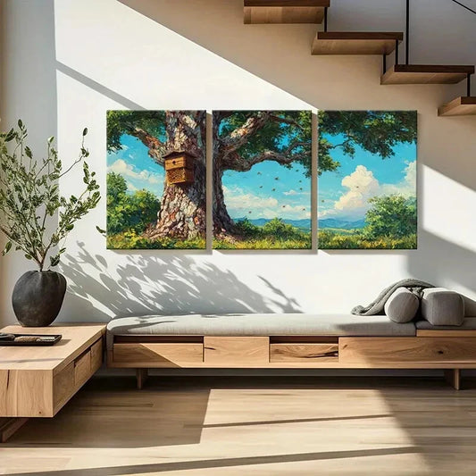 3pcs Beehive & Tree Landscape Nature Scenery Metal Print Ready to Hang Art
