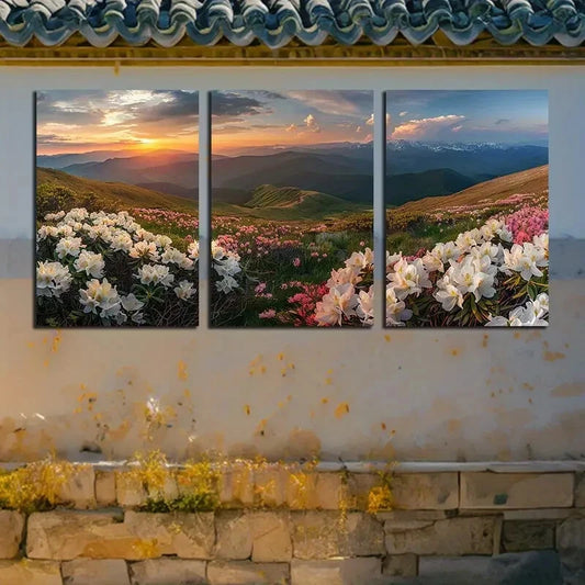 3pcs Blooming Flowers with Mountain View Metal Print Ready to Hang Art