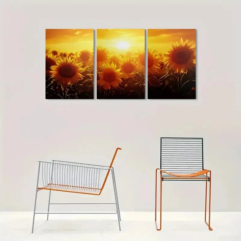 3pcs Sunset Sunflower Yellow Themed Metal Print Ready to Hang Art