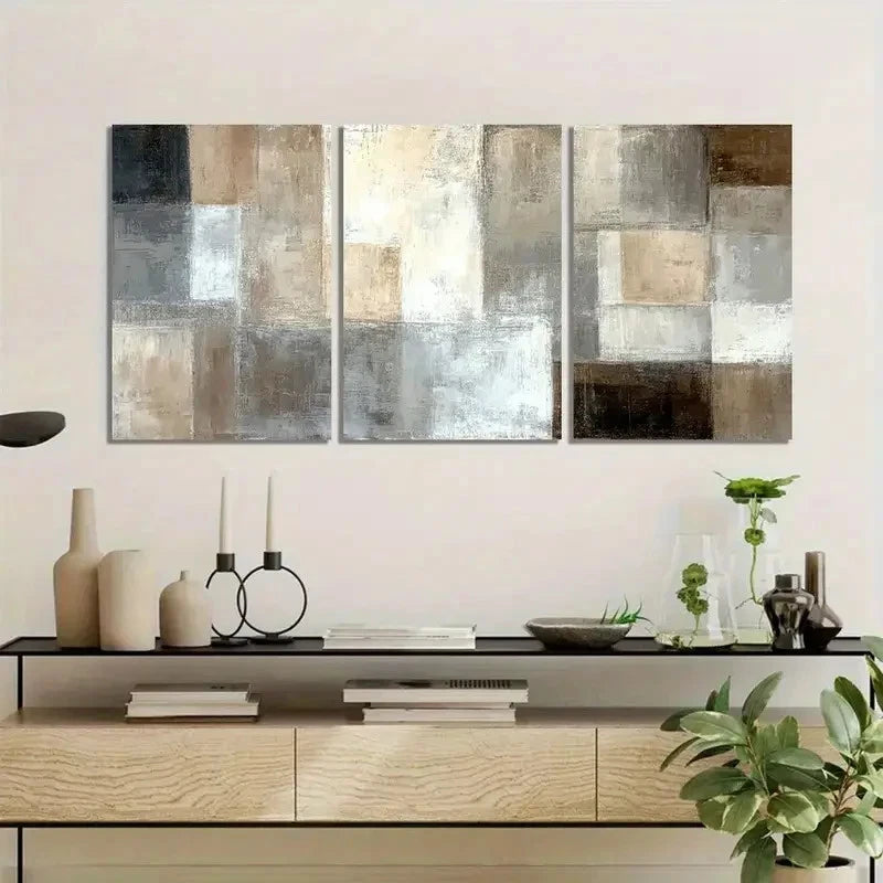 3pcs Abstract Painting with Light Brown White Grey Metal Print Ready to Hang Art