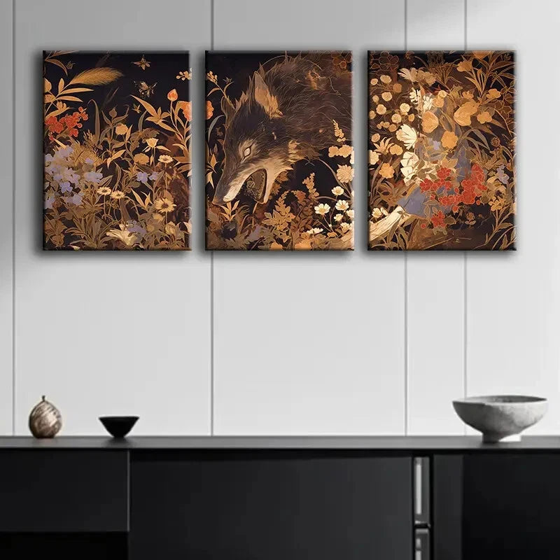 3pcs Wolves in Wildflowers & Foliage Metal Print Ready to Hang Art