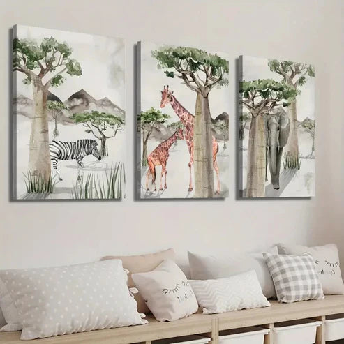 3pcs African Animals Jungle Theme Wall Art Set Canvas Unframed - High Quality Print 100% Australian Made Wall Canvas