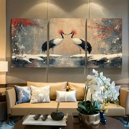 3pcs Red-Crowned Cranes in Snowy Forest Metal Print Ready to Hang Art