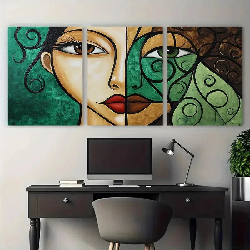 3pcs Brown And Green Woman Painting Woman Face Wall Art Set Canvas Framed 60x90cm - High Quality Print 100% Australian Made Wall Canvas Ready to Hang