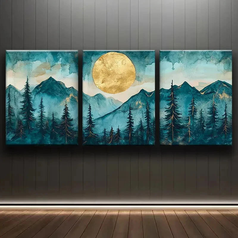 3pcs Serene Mountain Landscape with Pine Metal Print Ready to Hang Art