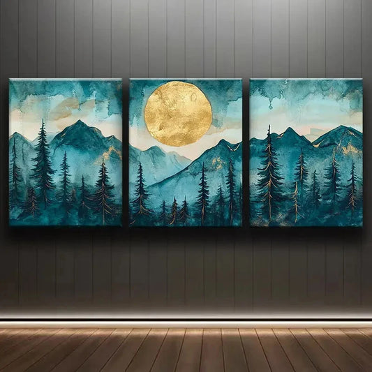 3pcs Serene Mountain Landscape with Pine Metal Print Ready to Hang Art
