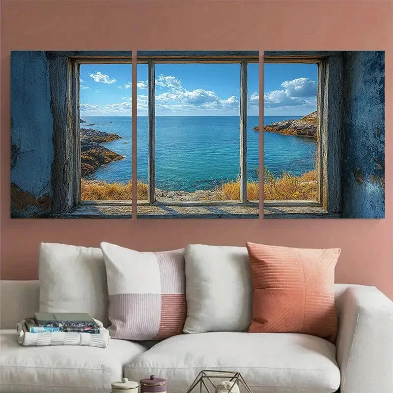 3pcs Window View Bay Cove Illustration Metal Print Ready to Hang Art