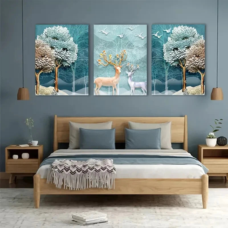 3pcs Serene Nature Scene Forest with Deer Metal Print Ready to Hang Art